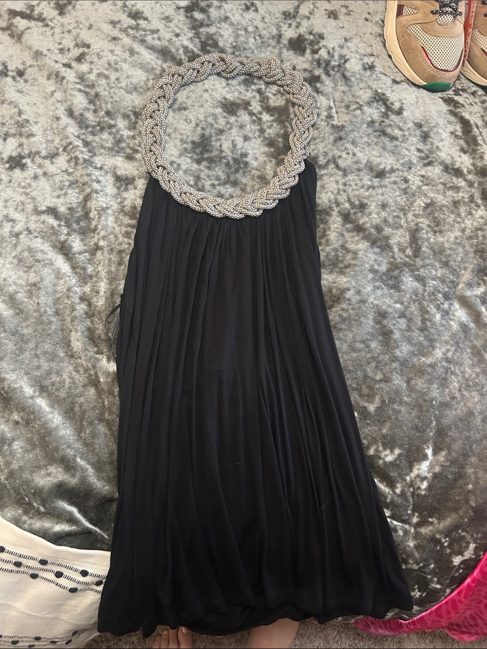 Spense Black Strapless Maxi Dress with Silver Beaded Neckline